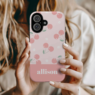 Funda Para iPhone 16 Cerezas Retro Rosadas Monograma Nombre Personaliza