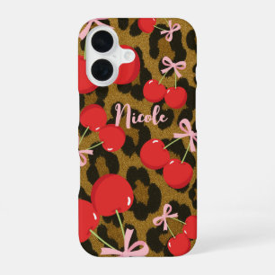 Funda Para iPhone 16 Cerezas Rojas con Lazo Rosa Estampado de Leopardo
