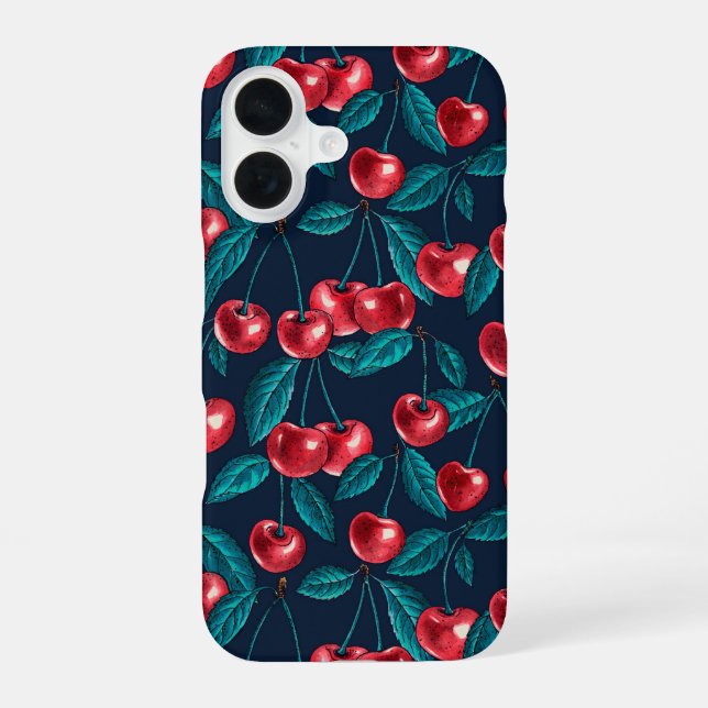 Funda Para iPhone 16 Cerezas rojas en azul oscuro (Reverso )