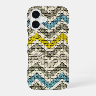 FUNDA PARA iPhone 16 CHEVRONES MOSAICOS AZULES GRIS Y BLANCO AMARILLO
