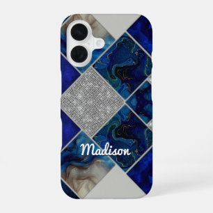 Funda Para iPhone 16 Chic femenino falso brillo plateado azul geométric