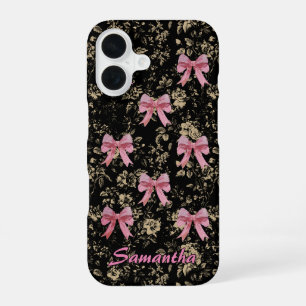 Funda Para iPhone 16 Chic Negro Blanco Rosa Toile Coquette Lazo Monogra