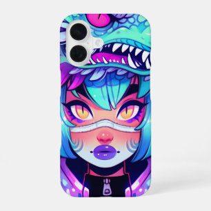 Funda Para iPhone 16 Chica con tocado de dragón Kawaii en cielos Vaporw