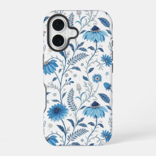 Funda Para iPhone 16 Chinoiserie Blue Echinacea Pattern
