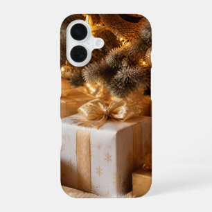 Funda Para iPhone 16 Christmas Gold Ribbon Gift Frosted Tree Phone Case
