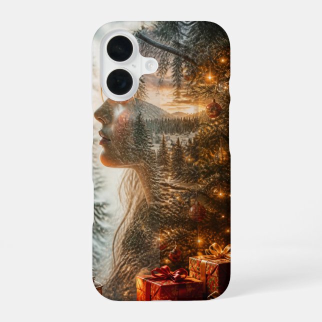 Funda Para iPhone 16 Christmas Tree Double Exposure Portrait Phone Case (Reverso )