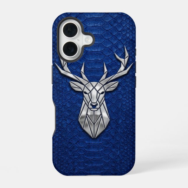 Funda Para iPhone 16 Ciervo Geométrico Plata Cromo Python Azul iPhone (Reverso )
