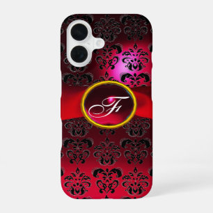 Funda Para iPhone 16 Cinta roja burdeos con monograma de niña DAMASK