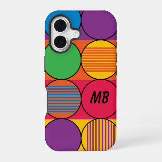 Funda Para iPhone 16 Círculos y rayas e iniciales de colores brillantes