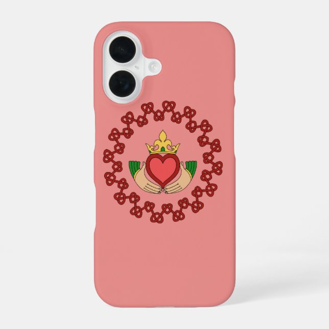 Funda Para iPhone 16 Claddagh y Red Knotwork sobre rosa (Reverso )
