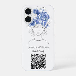 Funda Para iPhone 16 código QR chica linda rosas florales acuarela azul