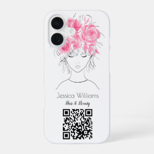 Funda Para iPhone 16 Código QR chica linda rosas florales acuarela rosa