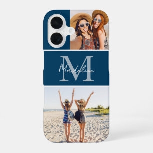 Funda Para iPhone 16 Colage de 2 Fotos Monogramado Azul