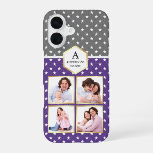 Funda Para iPhone 16 Colage de Fotos con Patrón de Estrellas Moradas y 