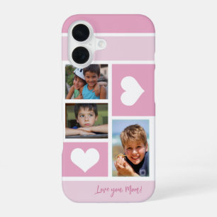 Funda Para iPhone 16 Colaje de 3 fotos te amo mamá corazón moderno rosa