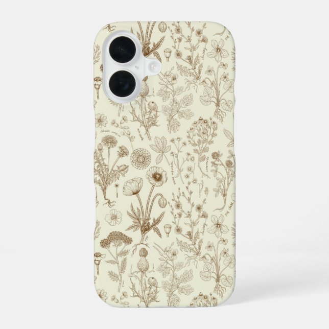 Funda Para iPhone 16 Collage de flores silvestres/ beige y sepia (Reverso )