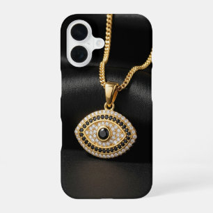 Funda Para iPhone 16 Collar de Ojo Malo de Oro sobre Tela de Seda Negra