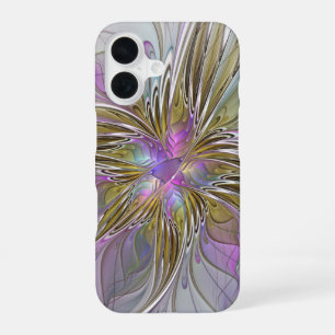 Funda Para iPhone 16 Colorido floral abstracto fractal con rosa y dorad