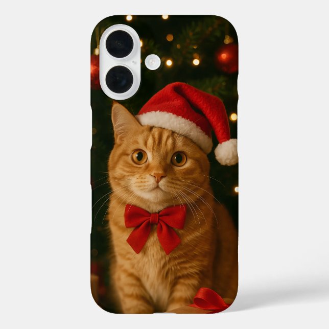 Funda para iPhone 16 con gato y cinta de Santa (Reverso )