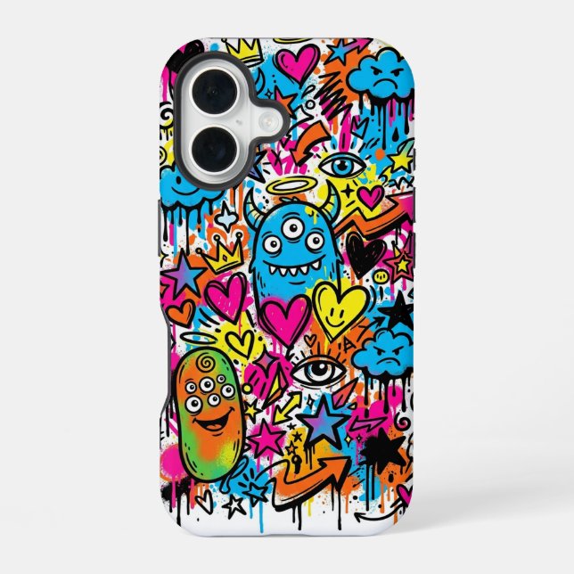 Funda para iPhone 16 con patrón de grafiti de mons (Reverso )