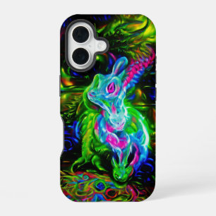 Funda Para iPhone 16 Conejo Dragón Psicodélico en Fantasía de Neón