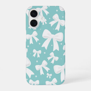 Funda Para iPhone 16 Coqueta Azul Con Perlas Y Lazos Blancos