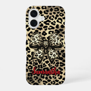 Funda Para iPhone 16 Coqueta Monograma de Arco Leopardo Marrón Chic