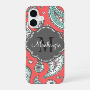 Funda Para iPhone 16 Coral Bohemio Estampado Paisley Monograma Personal