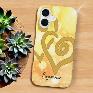 Funda Para iPhone 16 Corazón de fondo dorado de Bokeh