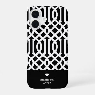 Funda Para iPhone 16 Corazón de Monograma de Enrejado Blanco y Negro