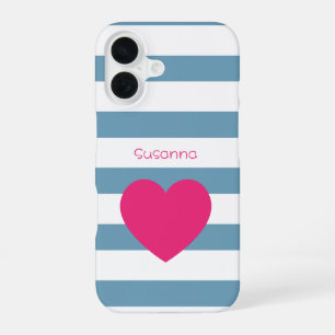 Funda Para iPhone 16 Corazón rosa rayado azul y blanco personalizado 