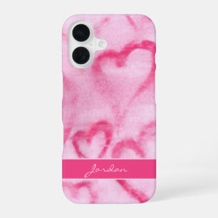 Funda Para iPhone 16 Corazones abstractos de acuarela rosa con nombre f