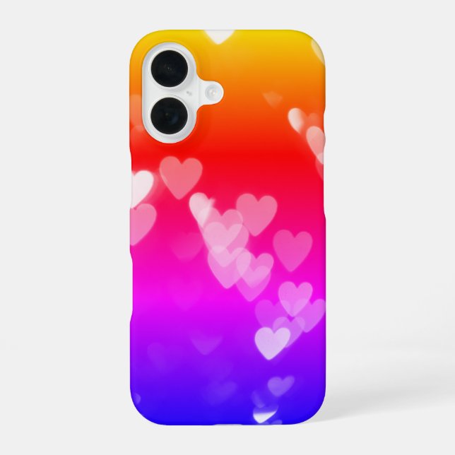 Funda Para iPhone 16 Corazones Bokeh en gradiente de arcoíris de neón (Reverso )