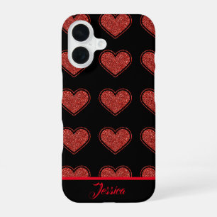 Funda Para iPhone 16 Corazones purpurinas rojos y negros personalizados