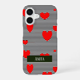 Funda Para iPhone 16 Corazones y rayas rojas personalizadas