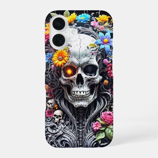 Funda Para iPhone 16 Cráneo blindado con cubierta de flor (Reverso )