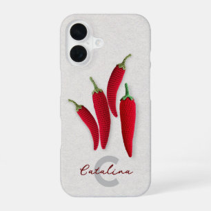 Funda Para iPhone 16 Crochet Jalapeno Rojo Moderno Minimalista Nombre