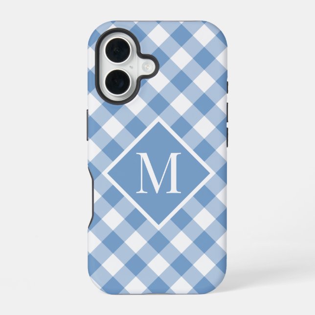 Funda Para iPhone 16 Cuadro de Gingham Azul Claro y Blanco con Monogram (Reverso )