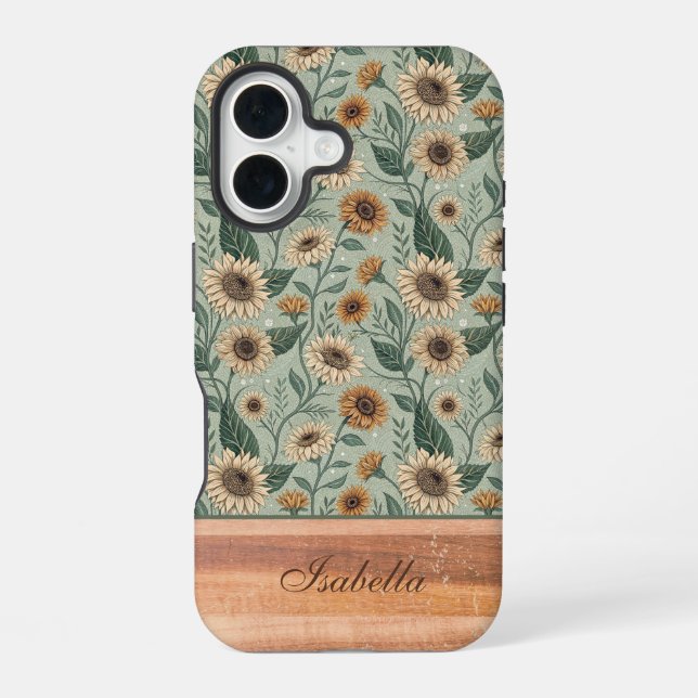 Funda Para iPhone 16 Custom Boho Sunflowers Wood Effect (Reverso )