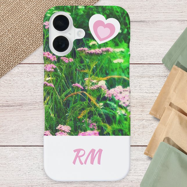 Funda Para iPhone 16 Custom Monogram Floral Meadow Pink White (A phone case with monogram initials in pink on white, flowers and grass photo and cute hearts)