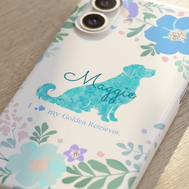 Funda Para iPhone 16 Custom Name Golden Retriever Pastel Blue Floral (Subido por el creador)
