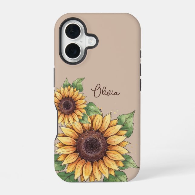 Funda Para iPhone 16 Custom Name Watercolor Sunflower Rustic (Reverso )