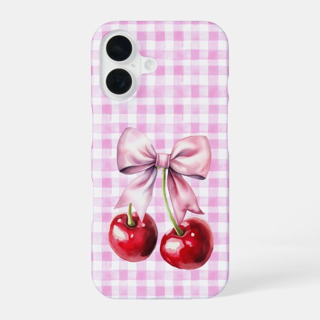 Funda Para iPhone 16 Cute Cherry Coquette Bow Pink Gingham (Reverso )