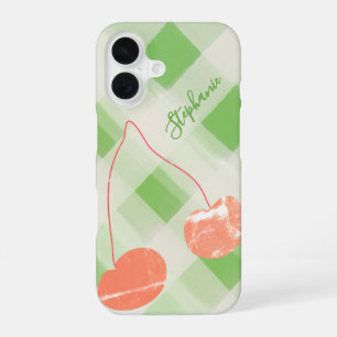 Funda Para iPhone 16 Cute Nombre Personalizado Gingham Verde Crema Cere