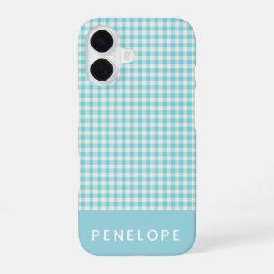 Funda Para iPhone 16 Cute Vintage Aqua Blue Gingham Plaid Personalizado