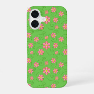 Funda Para iPhone 16 Daisy Rosa y Patrón de Sendero de Insectos sobre V