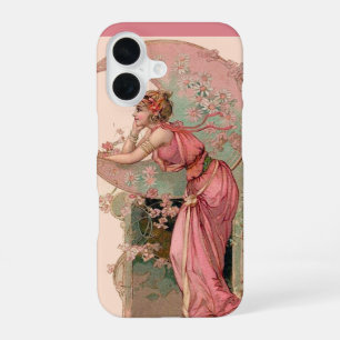 FUNDA PARA iPhone 16 DAMA DE LA LUNA CON FLORES EN ROSA