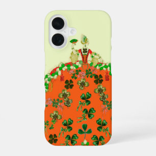 Funda Para iPhone 16 DAMA NARANJA Y TRÉBOLES Moda del Día de San Patric