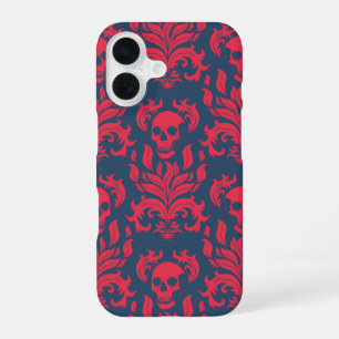 Funda Para iPhone 16 Damasco de llamas de cráneo en choque rojo en azul