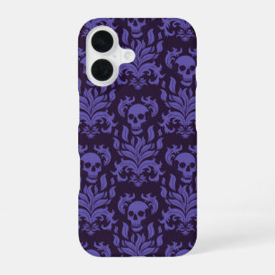Funda Para iPhone 16 Damasco de llamas de cráneo en tonos morados